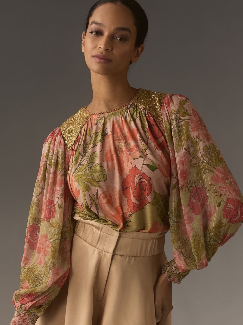 Anthropologie BLINK Floral Sequin-Trim Blouson Sleeve Top - Pink/Green/gold